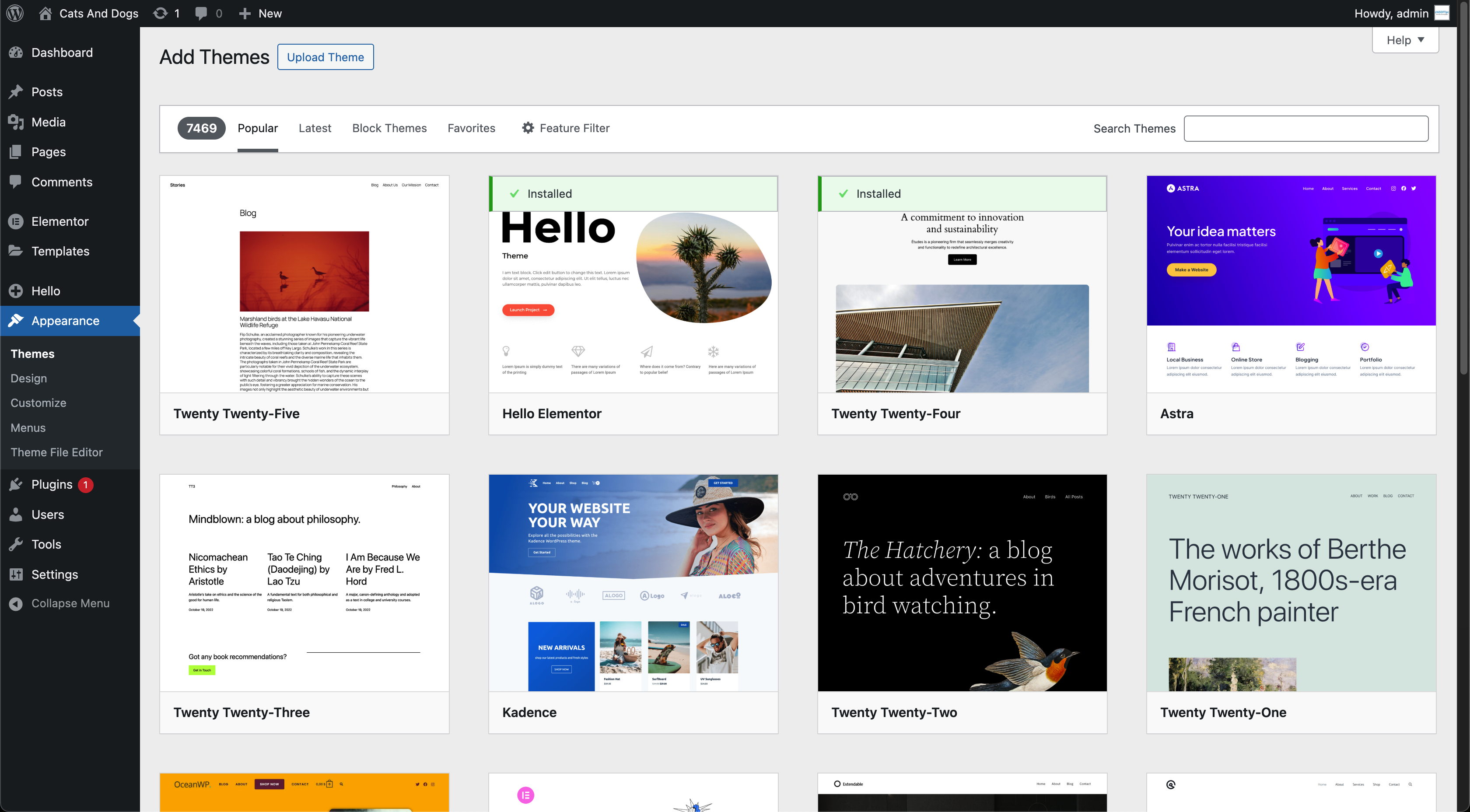 WordPress Themes Page - Hello Elementor Installation