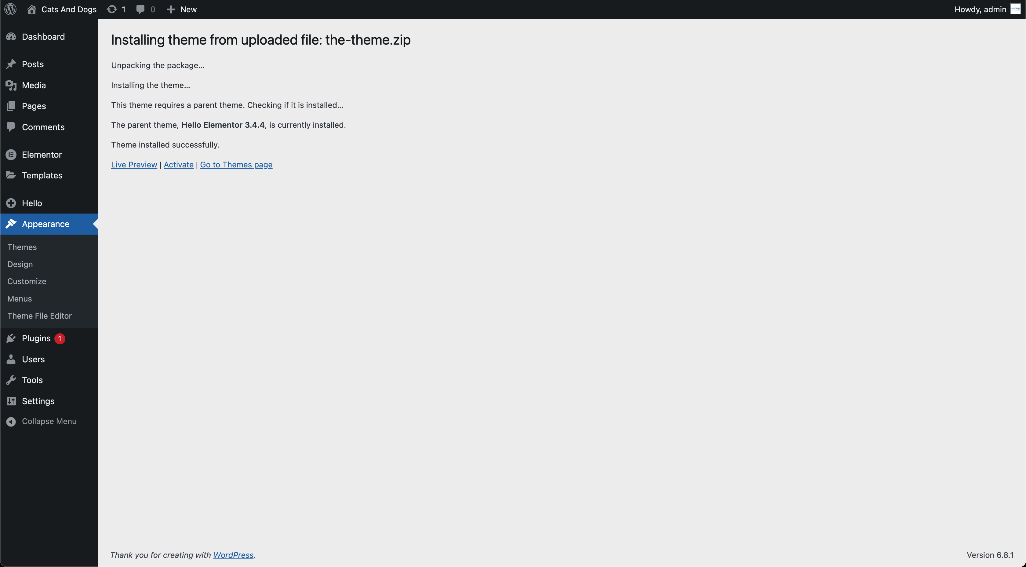 WordPress Theme Activation Success Message